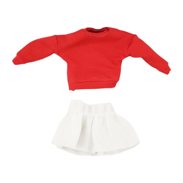 Jersey de manga larga y falda a escala 1/12, disfraz informal de moda con hombros descubiertos top rojo