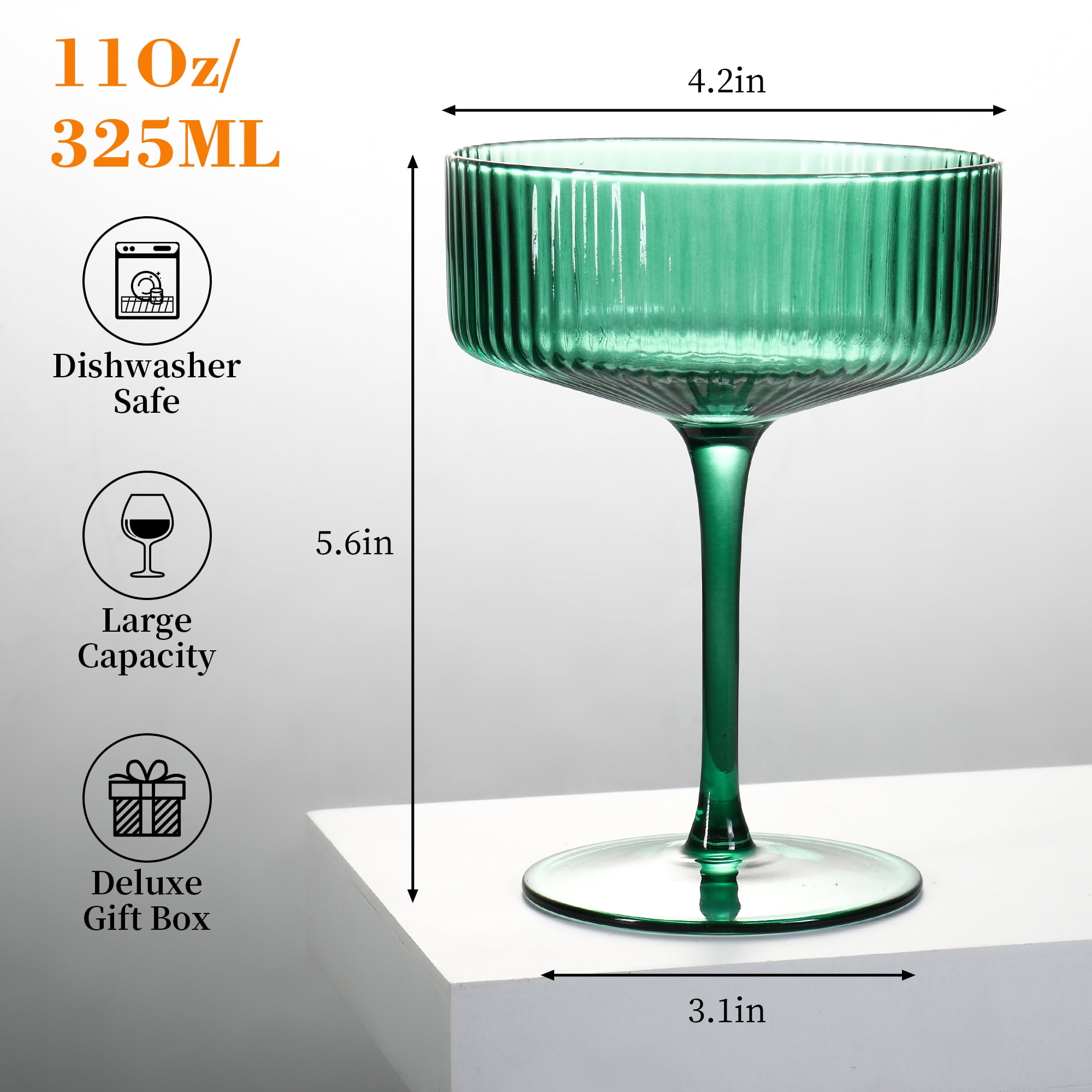 6 Pcs Ribbed Coupe Glasses, 10 oz Green Martini Glasses Set, Cute Espresso Martini Glass & Champagne Coupe Glass, Elegant Bar Glassware for Cocktails, Wine, Outdoor Entertaining & Gifts