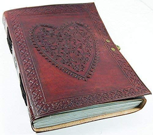 Vintage Heart Embossed Leather Journal/Instagram Photo Album (Handmade Paper) - Coptic Bound with Lock Closure - Heart Journal (Brown) Brown