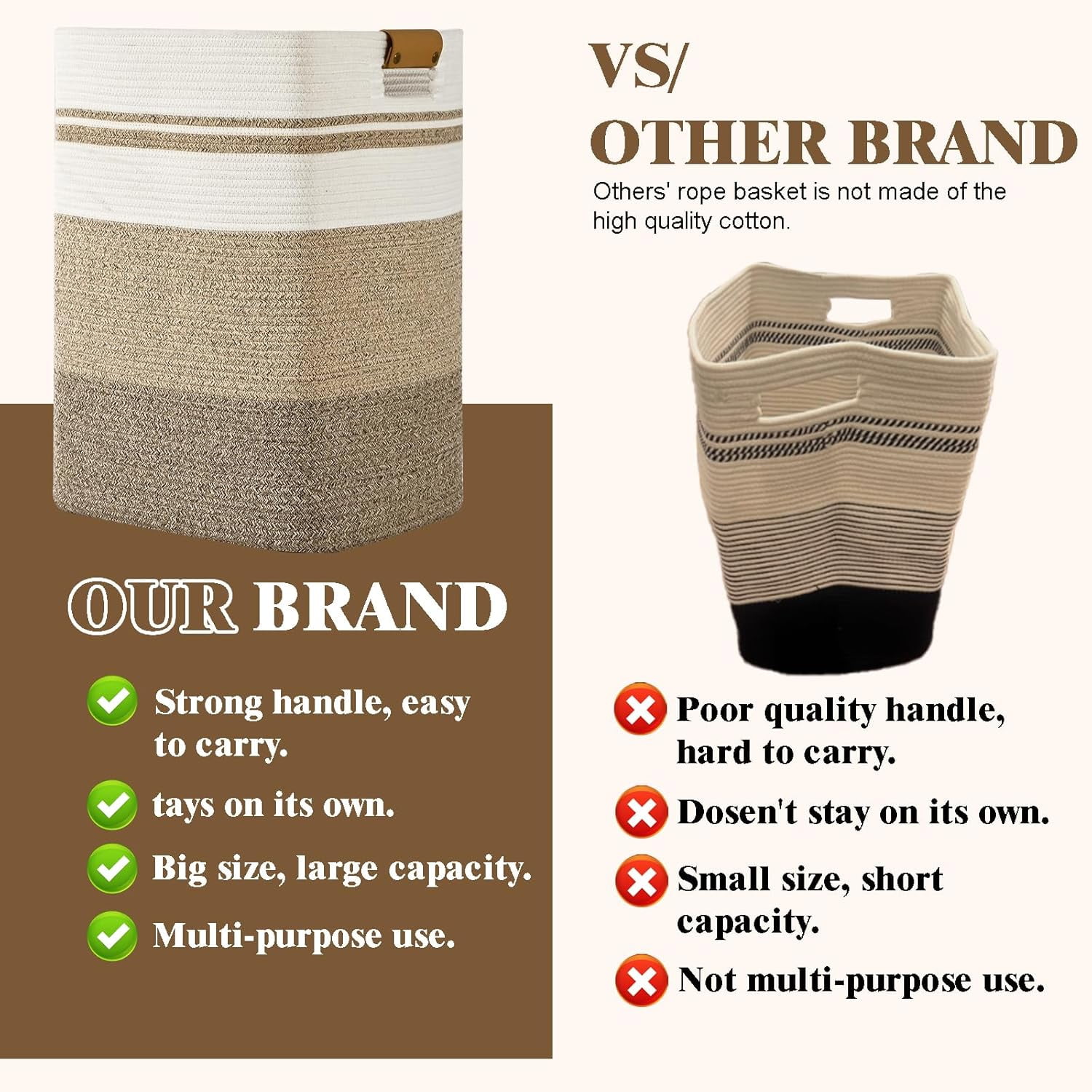 Natubeau 95L Tall Woven Rope Laundry Basket, Sturdy Decorative Storage Bin