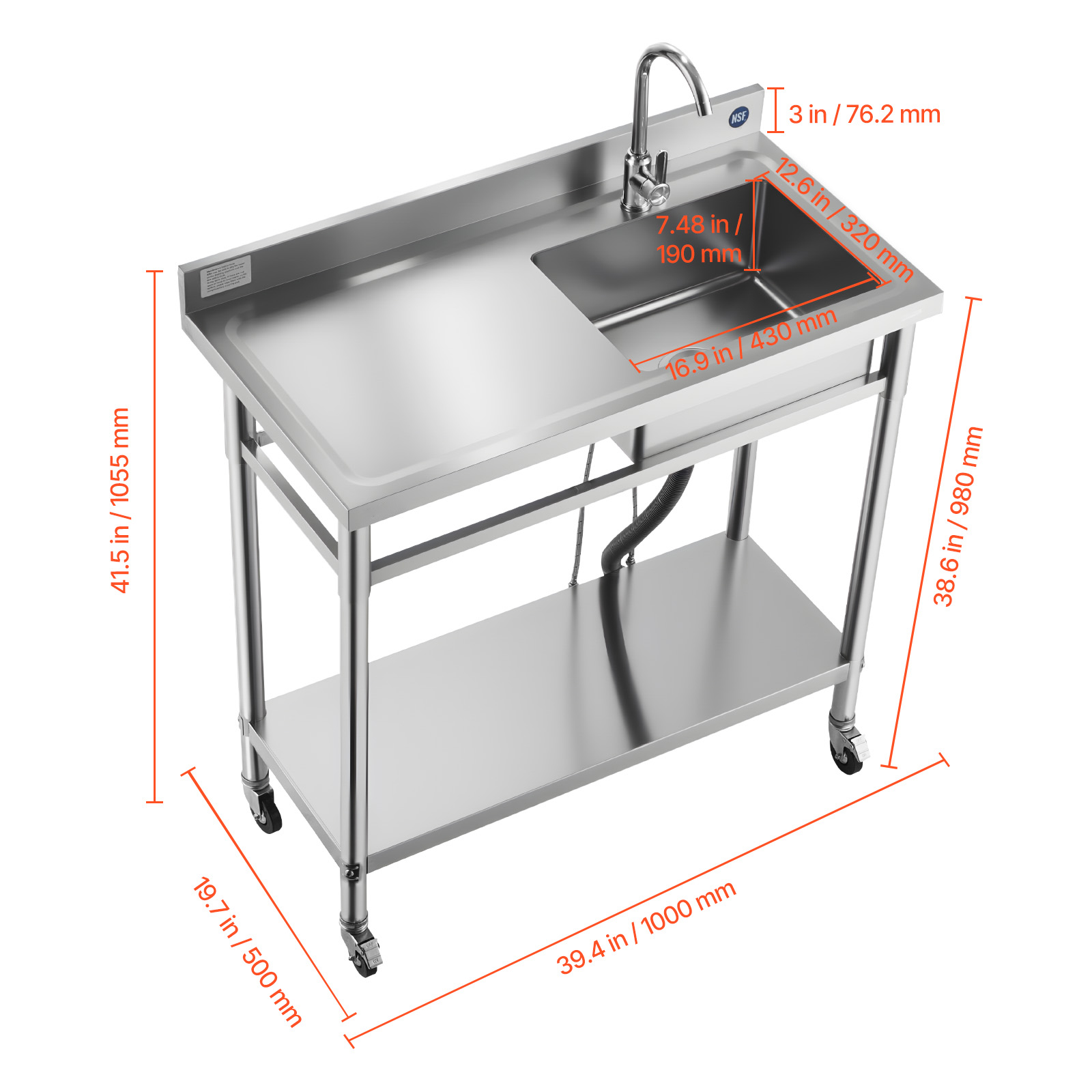KFFKFF Utility Sink with Wheels Single Bowl Commercial Kitchen Sink Faucet Hot Cold Water SUS201 Stainless Steel Brushed Finish Adjustable Shelf