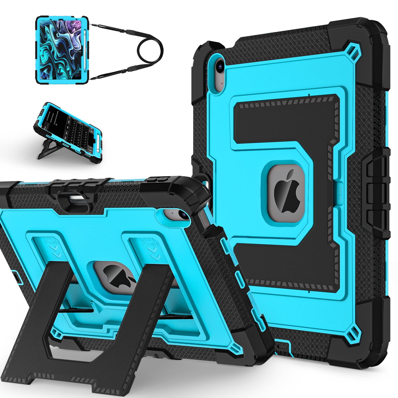 ELEHOLD 3-Layer Rugged Case For Apple iPad Air 11 (2025 / 2024) Heavy Duty Shockproof Cover, [Drop Protection], [Logo Visible], With Kickstand & Pencil Holder & Shoulder Strap, Black+Blue