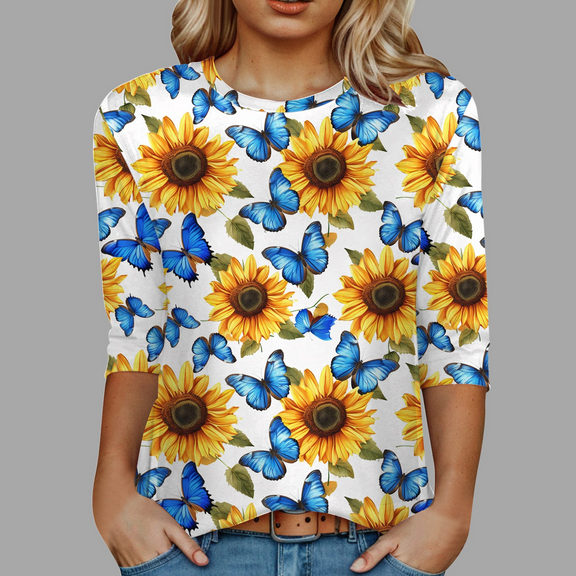 Fulorrnie T Shirts for Women Crew Neck 3 4 Sleeve Graphic Tees Casual Stretchable Slim Fit Top Shirt Blue 14