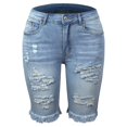 thumbnail image 4 of Ovticza Women's Ripped Mid-Rise Denim Bermuda Shorts Frayed Raw Hem Stretch Jean Shorts Light Blue M, 4 of 5