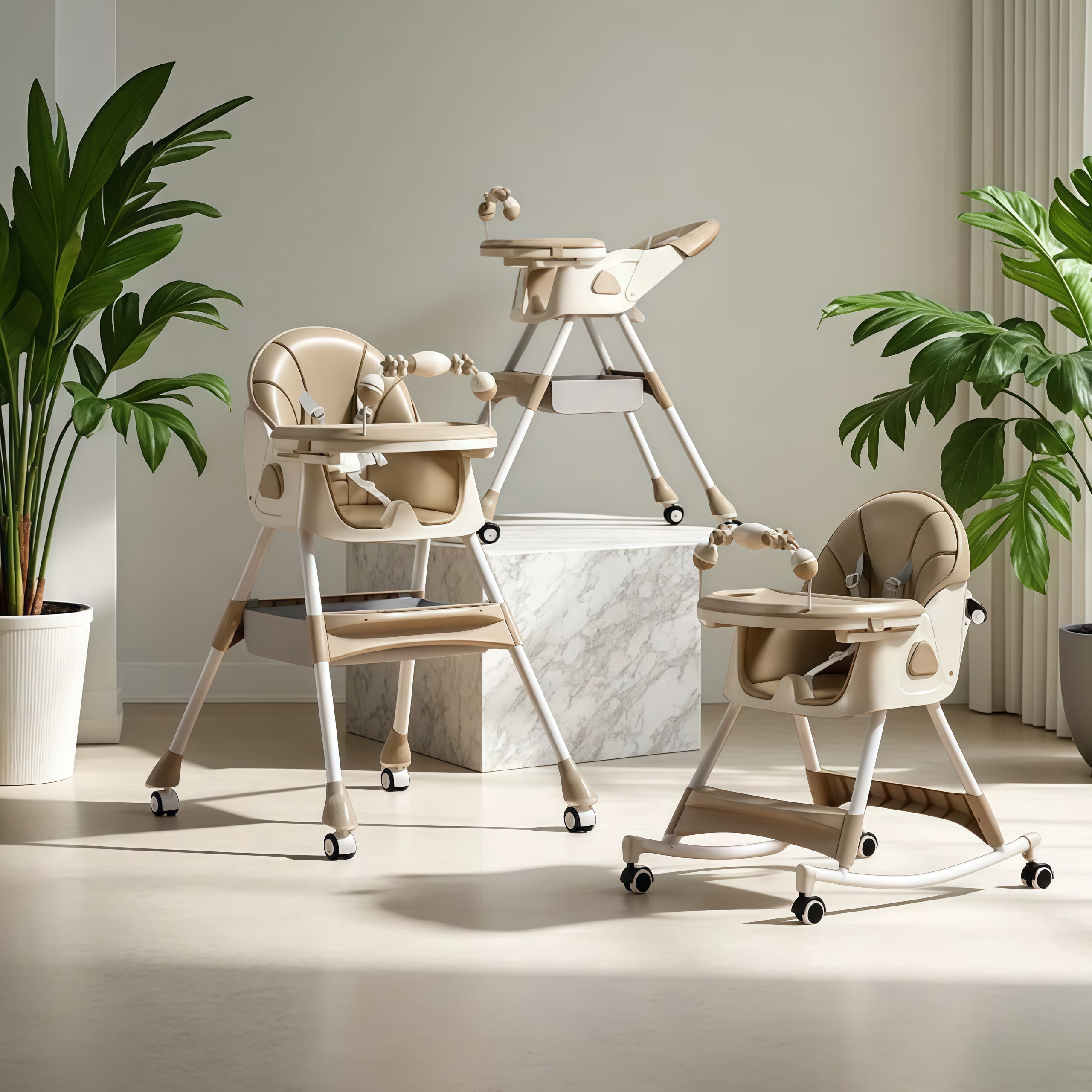 6-in-1 Baby High Chair Convertible Baby Feeding Chairs & Portable Baby Rocking Chairs with Double-Layer Tray and Toy Rack for 0-36 Months,Beige