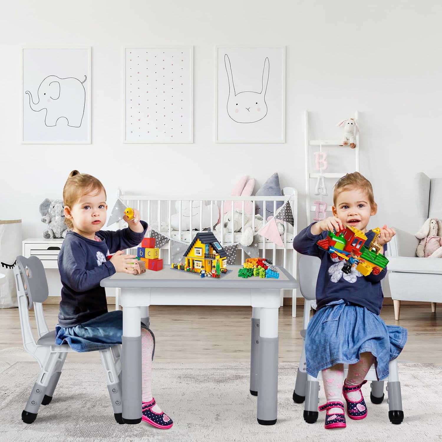 Arlopu 5 Pcs Kids Table and Chairs Set,  Height Adjustable, Toddlers Activity Table & 4 Chairs Set for Study, Grey