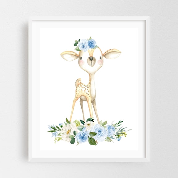 Baby Deer, Forest Animals, Woodland Animals, Boho, Blue Flowers, Boy Nursery - Illustration Watercolor Deer Floral Animal Woodland Whimsical White Framed Wall Art Print 11 x 14 inches