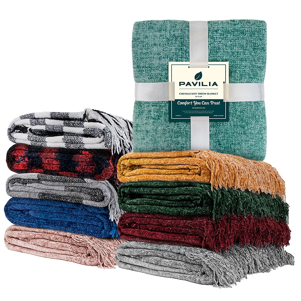 PAVILIA Buffalo Plaid Chenille Throw Blanket | Velvety Texture Tassel Fringe Blanket for Sofa Couch Bed | Soft Silky Cozy Lightweight Knitted Throw | ...