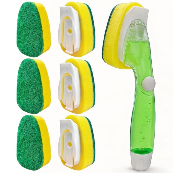 Dish Brush with Soap Dispenser, Kitchen Cleaning Sponge Brush with 7 Refills, Non-Scratch Dish Wand for Dishes, Pots, Pans