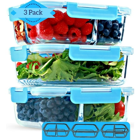 1 & 2 & 3 Compartment Glass Meal Prep Containers (3 Pack, 35 Oz)- Food Storage Containers with Lids, Portion Control, BPA Free, Microwave, Oven and Dishwasher Safe, Airtight,