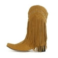 thumbnail image 4 of Wide Calf Cowboy Cowgirl Riding Boots for Women with Long Fringe Boho Studded Suede Pointed Toe Knee High Western Tall Boots Yellow Size 6.5, 4 of 7