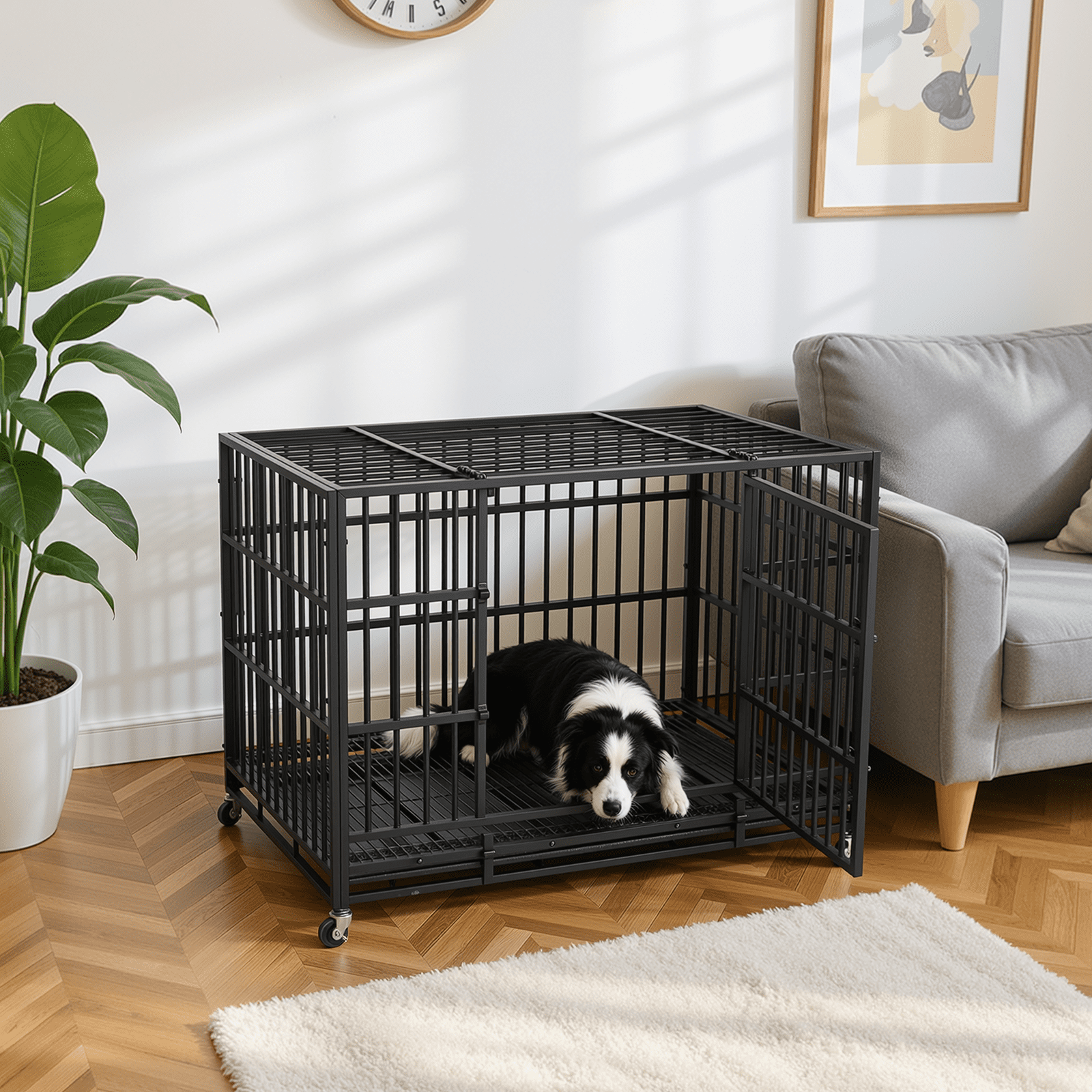 RichYa 42 inch Heavy Duty Indestructible Dog Crate, Escape-Proof Dog Crate Cage Kennel with 4 Lockable Wheels, High Anxiety Dog Crate with Double Door and Removable Tray Design, for Large Dogs