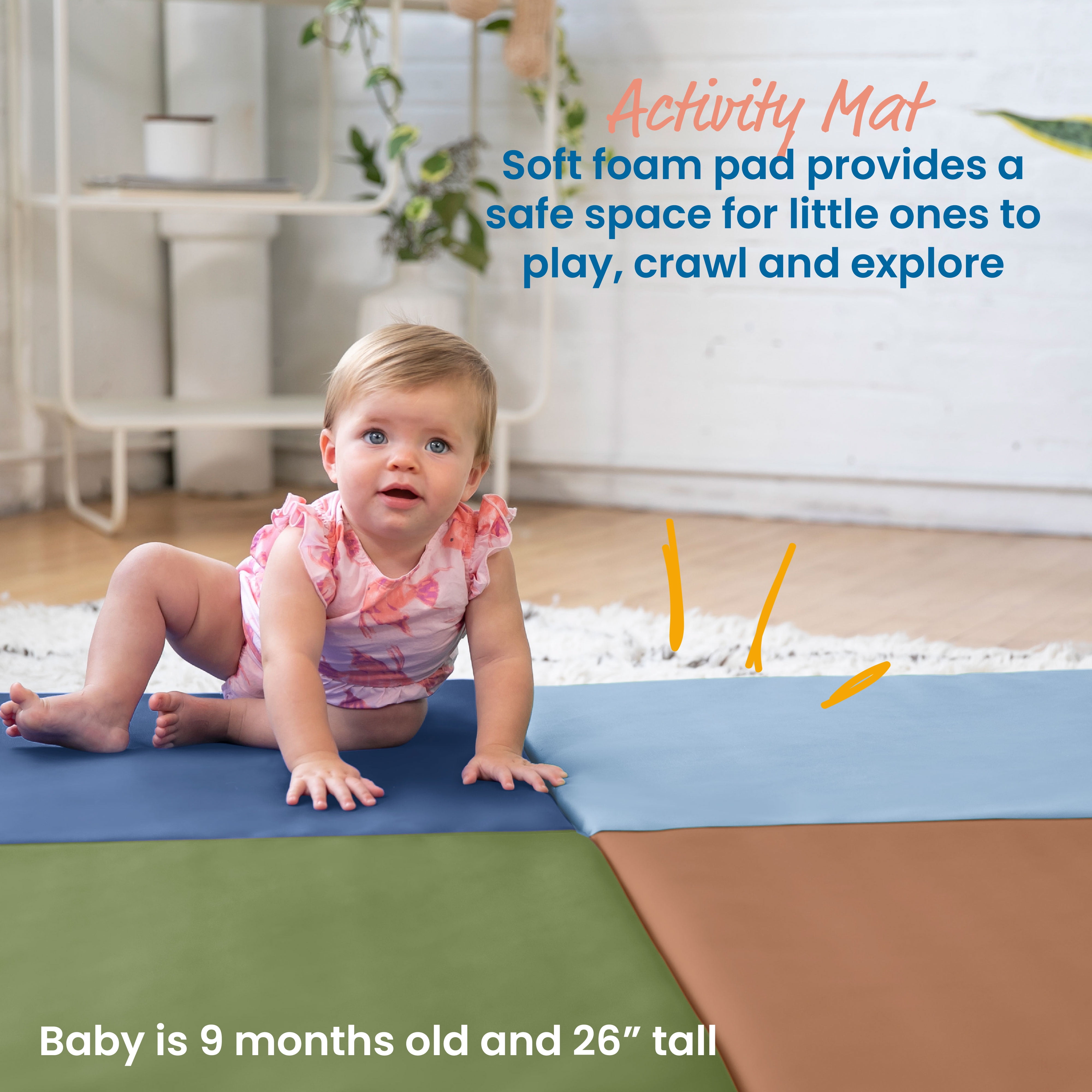 ECR4Kids SoftZone Quad Fold-N-Go Activity Play Mat, 48in Square, Baby Essentials, Earthtone