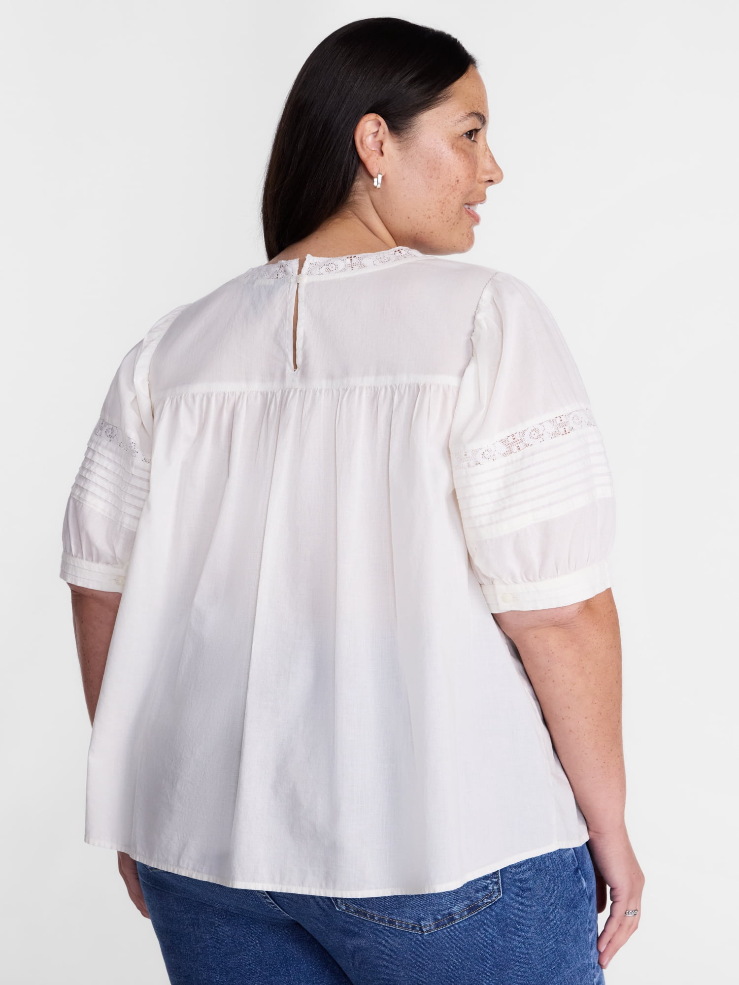 Terra & Sky Women's Plus Lace Trim Swing Top with Elbow Length Puff Sleeves, Sizes 0X-5X