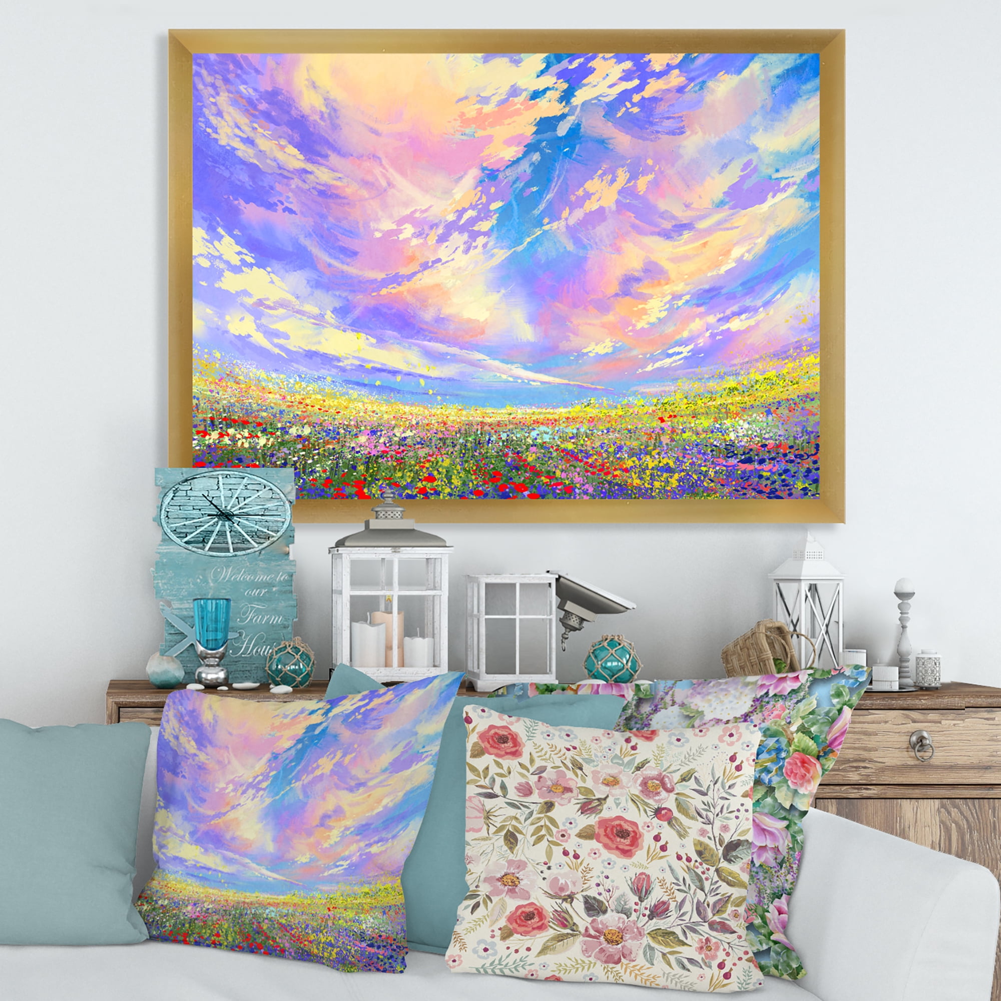 Designart 'Gorgeous Clouds Over Colorful Flowers In Field' Traditional Framed Art Print