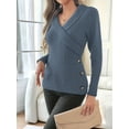 thumbnail image 3 of Women V Neck Long Sleeve Sweaters Criss -Wrap Ruched Pullover Fall Tops Navy Blue L, 3 of 6