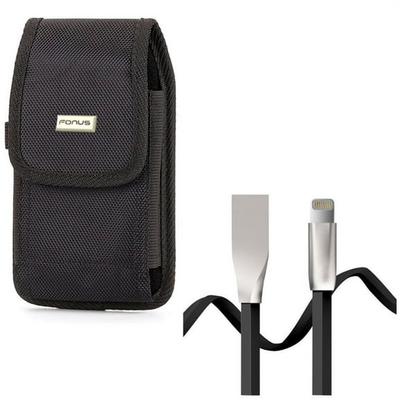 USB Cable w Case Belt Clip for iPhone XS/X - 6ft Flat Charger Cord Power Wire, Swivel Holster Rugged Cover Pouch for iPhone XS/X