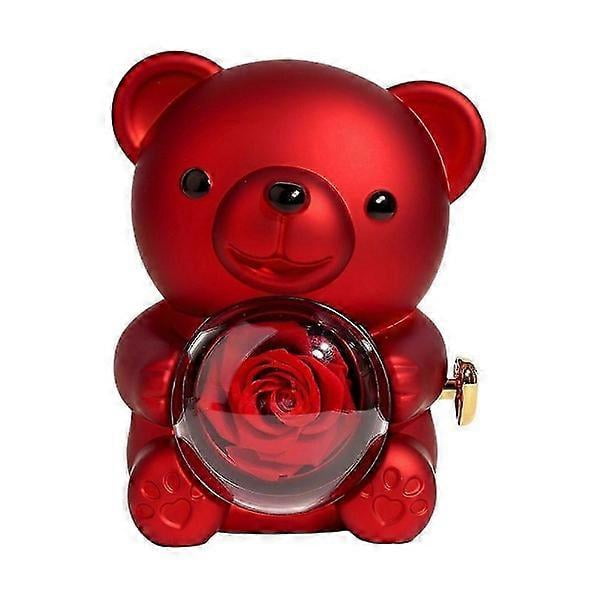 Preserved Rose Teddy Bear Gift with Heart Necklace Eternal Flower Bear Gift Box (Red)