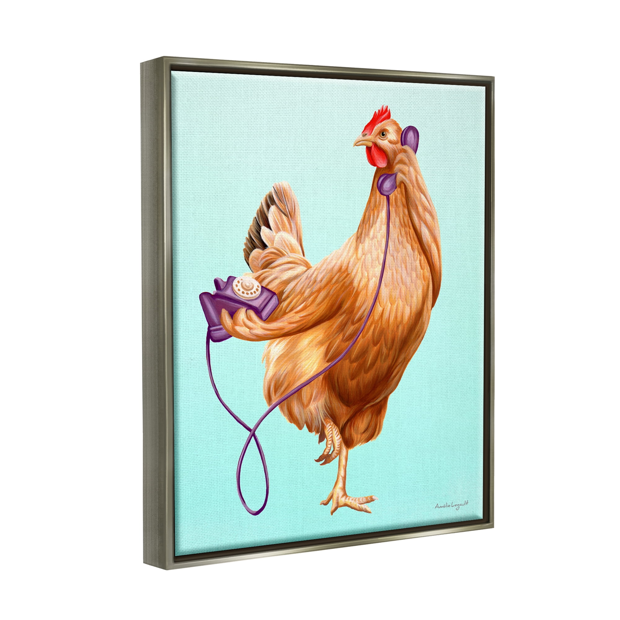 Stupell Industries Chicken Hen Bird Talking Purple Rotary Phone Graphic Art Luster Gray Floating Framed Canvas Print Wall Art, Design by Amelie Legault