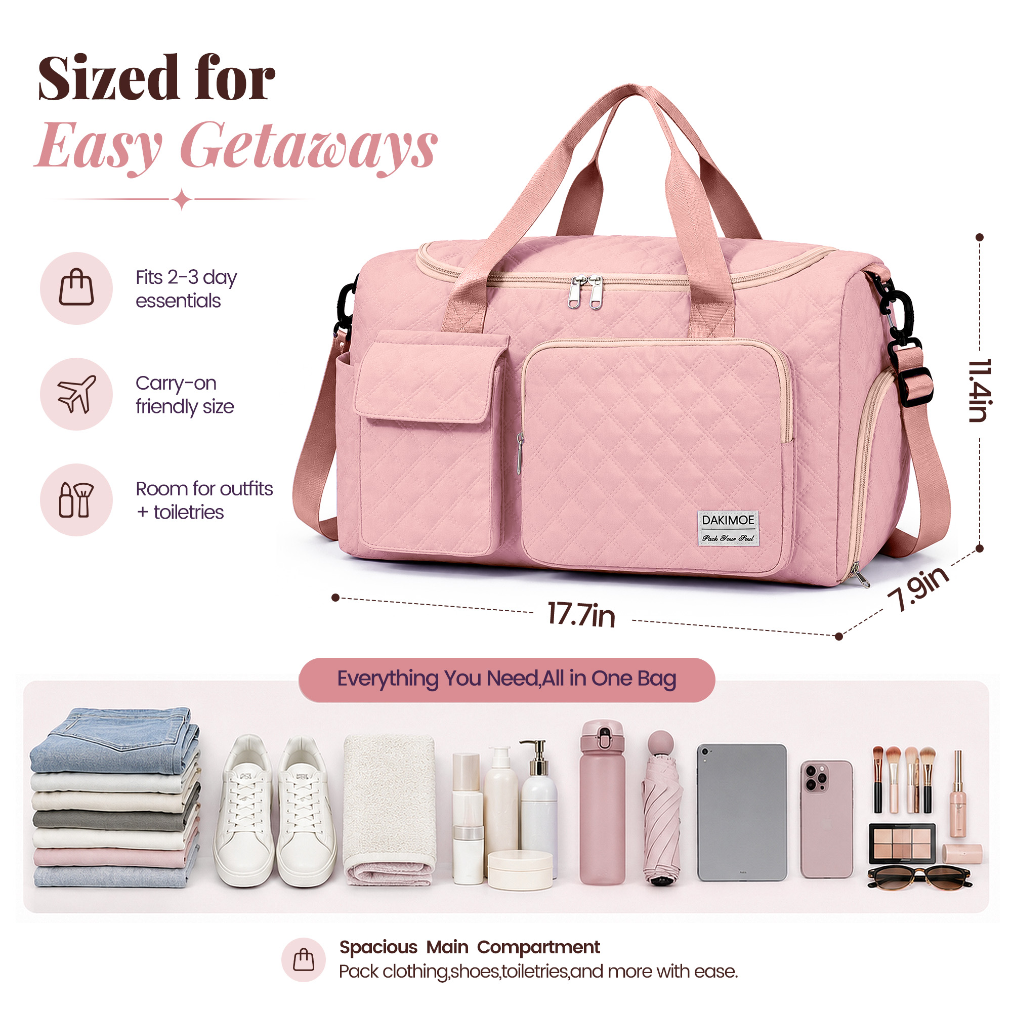 DAKIMOE Travel Duffle Bag with Wet Pocket and Shoe Compartment for Women and Men, Pink photo 3