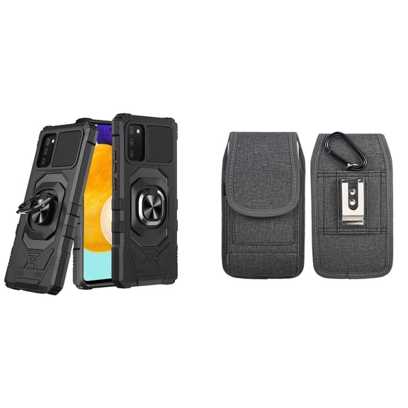 Case with Belt Holster Bundle for Samsung Galaxy A03s: Heavy Duty Series Protection Cover (Black) and Vertical Phone Pouch Nylon Fabric (Grey)