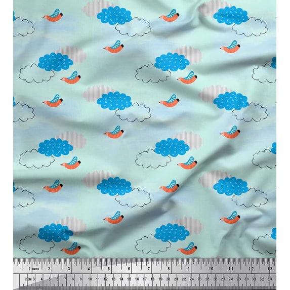 Soimoi Green Cotton Cambric Fabric Clouds & Bird Printed Fabric 1 Yard 42 Inch Wide