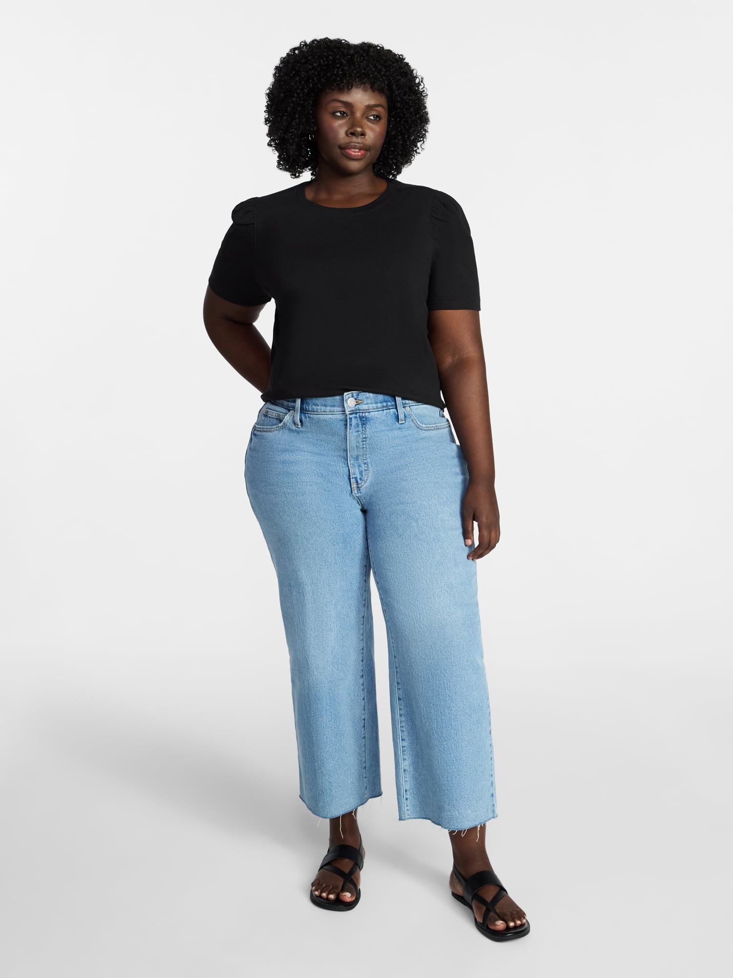 Terra & Sky Women's Plus Size Crewneck Top with Short Puff Sleeves, Size 0X-4X