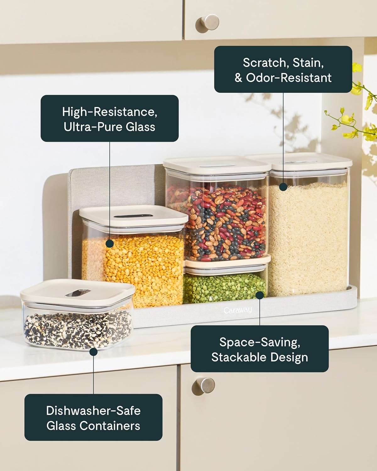 Caraway 13-Piece Glass Airtight Food Storage Containers with – , BPA-Free Kitchen Storage Containers – Stackable, Space-Saving Airtight Containers for Dry Goods and More - Cream