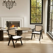 Guyou Modern Rattan Dining Chair Set of 2, Mid-century French Farmhouse Upholstered Solid Wood Armchair Reading Chair, Retro Accent Chair with Woven Back and Black Base, Beige Fabric