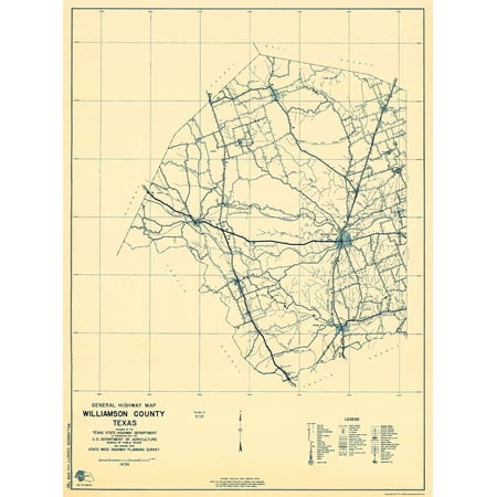 Historic County Map - Williamson County Texas pt 1 - Highway Department 1936 - Vintage Wall Art