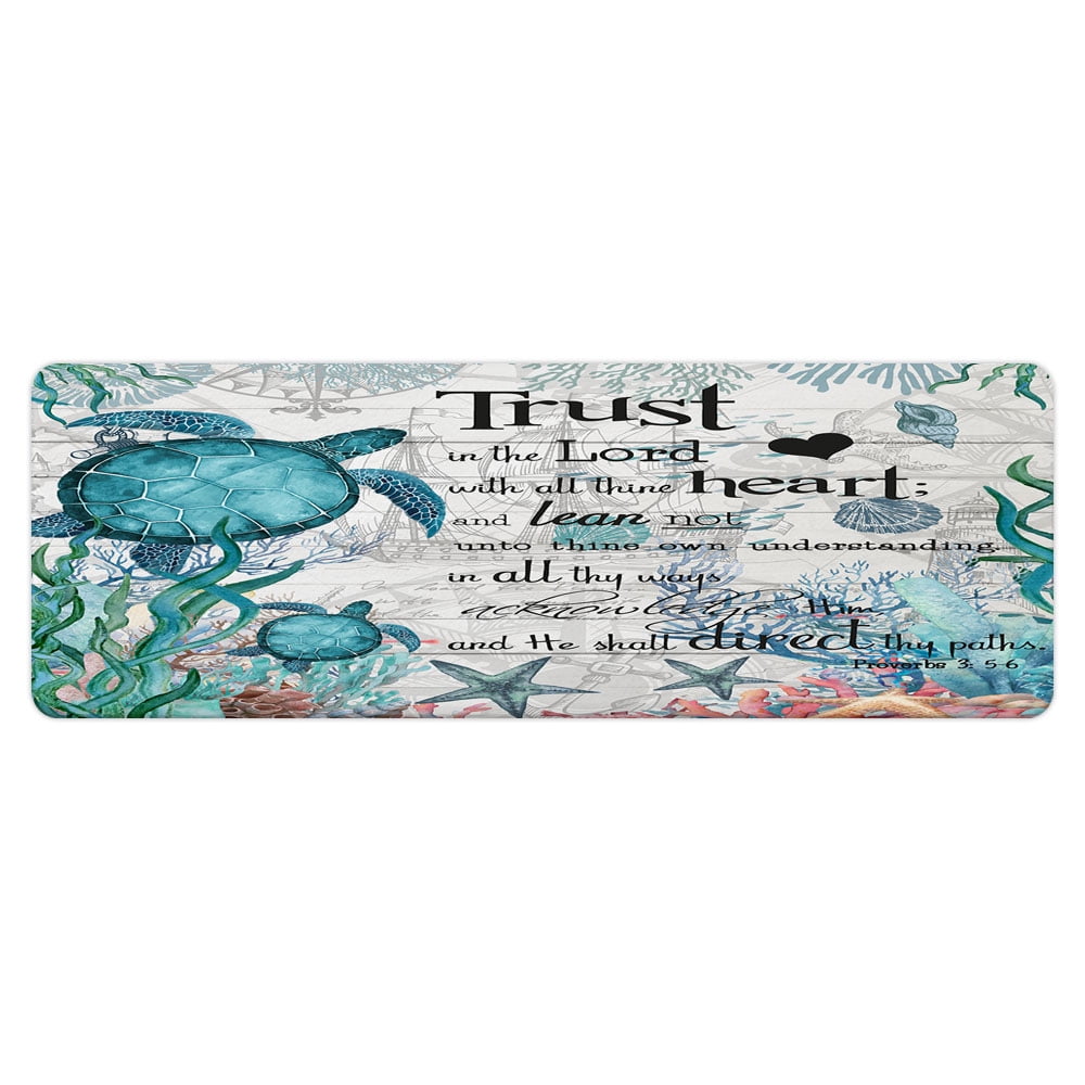 Beach Sea Turtle Bath Rugs for Bathroom, Nautical Sea Marine Animal Tortoise on Rustic Wooden Bathroom Rug Bath Mat Set Floor Mats, Trust in the Lord Bible Verse Scripture Quote Doormat, 16X48in