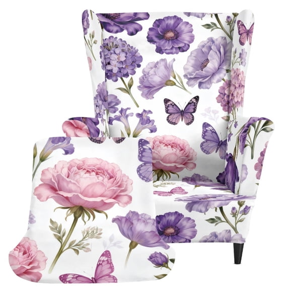 Chririnla Purple Pink Flower Butterfly 2 Piece Wingback Chair Cover, Non-slip Stretch Wingback Chair Slipcover Spandex Single-Seat Wingback Armchair Covers for Living Room Bedroom