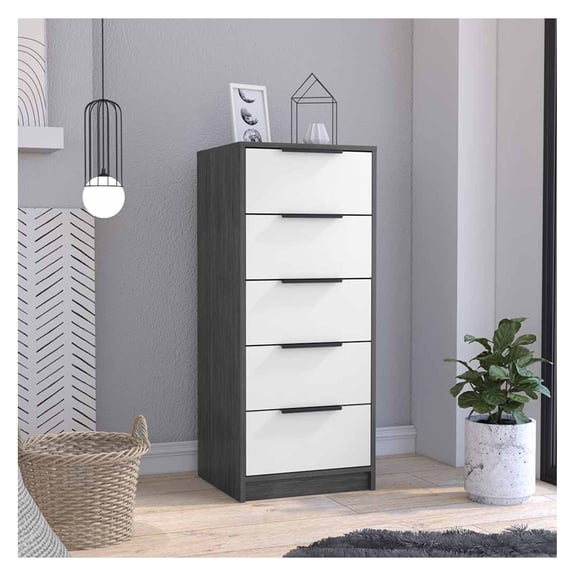 Vertical Dresser 42"H, 5 Drawers, White/Smokey Oak