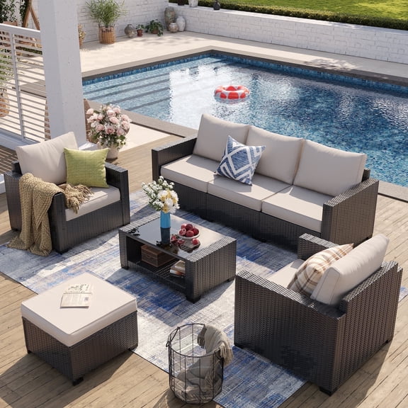 Gasee Patio Furniture Set, 7 Pieces Outdoor Conversation Set with Rattan Sectional Sofa, Coffee Table for Garden Backyard, Beige Cushion