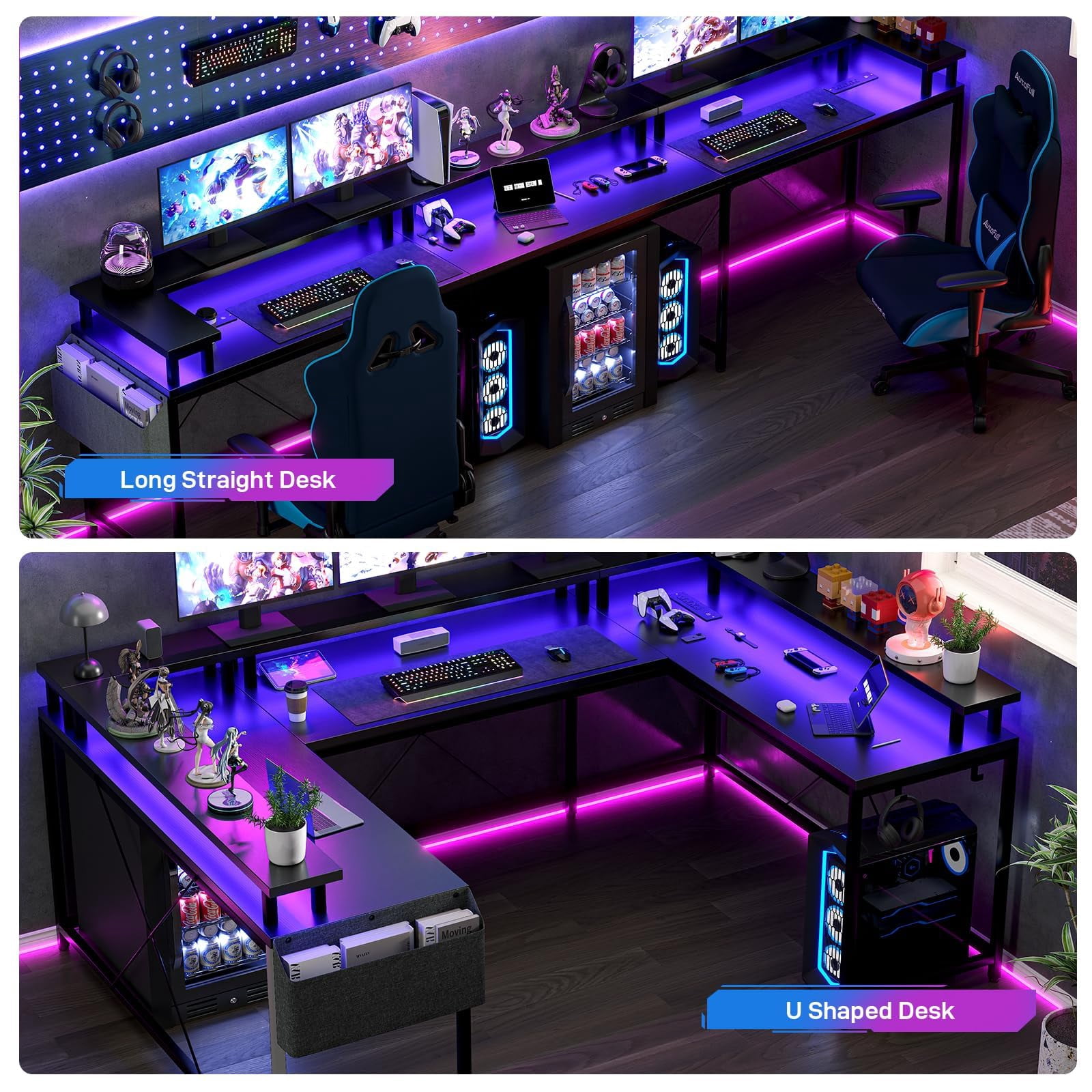 Luku U Shaped Home Office Desk, Reversible L Shaped Gaming Computer Desk with Power Outlets,126 Inch Computer Desk with Monitor Stand and LED Lights,Storage Shelves,Storage Bag and Hooks
