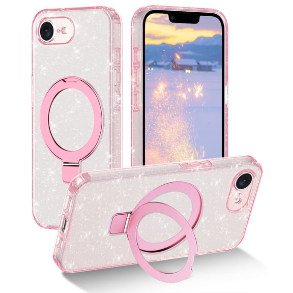 AVOCASE for iPhone 16e Case 2025,with Magnetic Invisible Ring Stand [Compatible with MagSafe],Rugged Slim Shockproof Marble Pattern Design Case for Women Men Girls,Pink Clear/Glitter