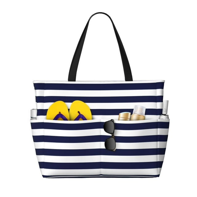 Fotbe Navy Blue And White Stripes Bolsa de Viaje para Playa - Resistente al Agua, Bolsa Tote de Gran Capacidad y Ligera con 7 Bolsillos para Mujeres y Hombres