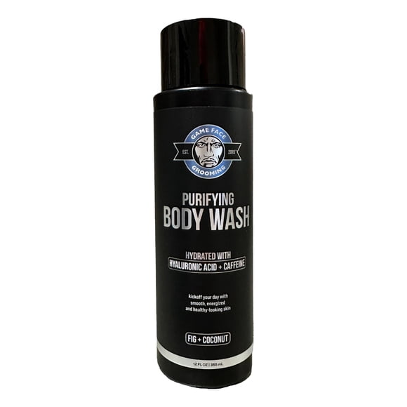 Game Face Grooming Body Wash - Gel de ducha para hombre de 12 onzas líquidas | Limpia, exfolia e hidrata tu piel y rostro | A base de plantas y sin sulfatos | Aroma de higo y coco