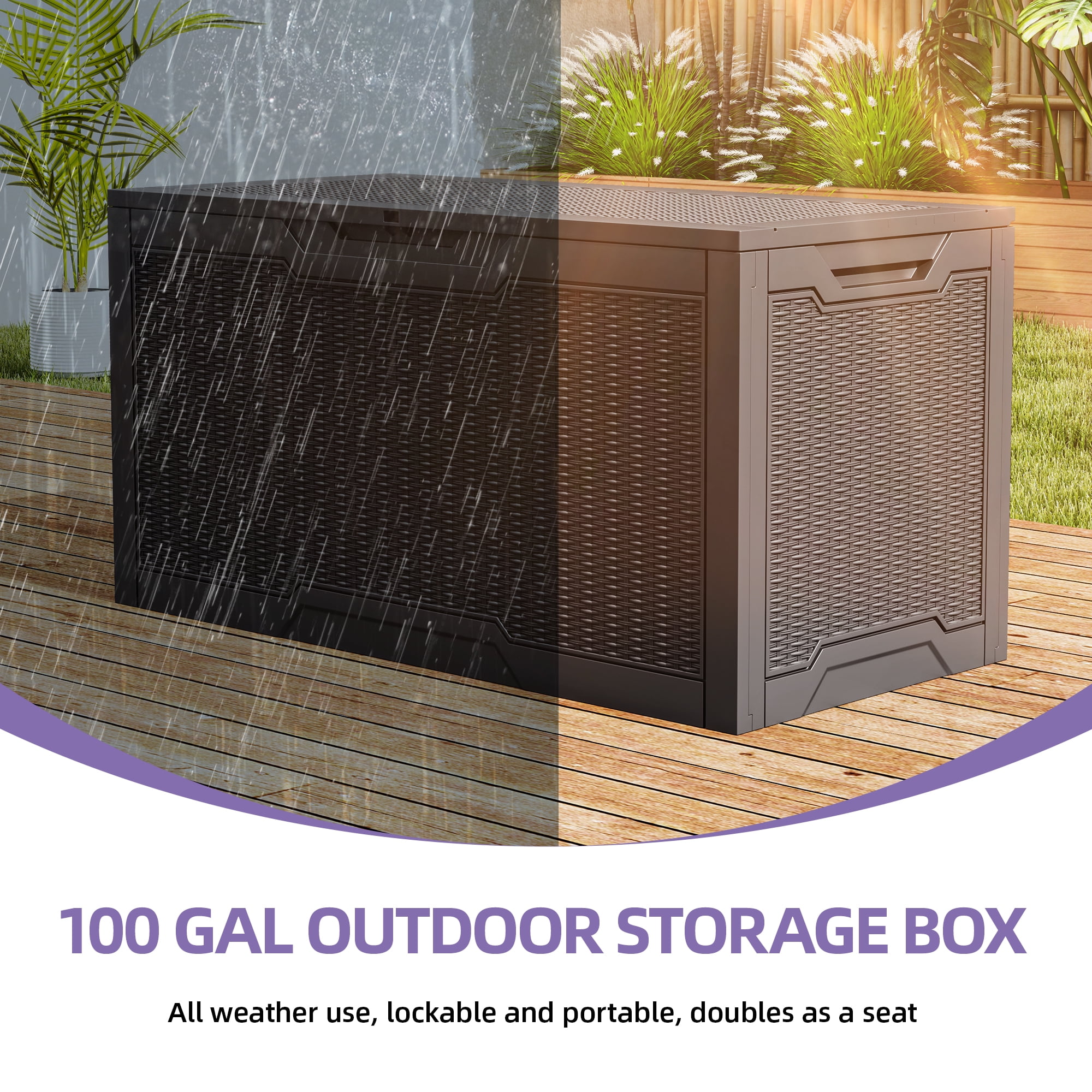 Uforic 100 gallon resin deck box. Outdoor waterproof storage box. Lockable. Dark brown.