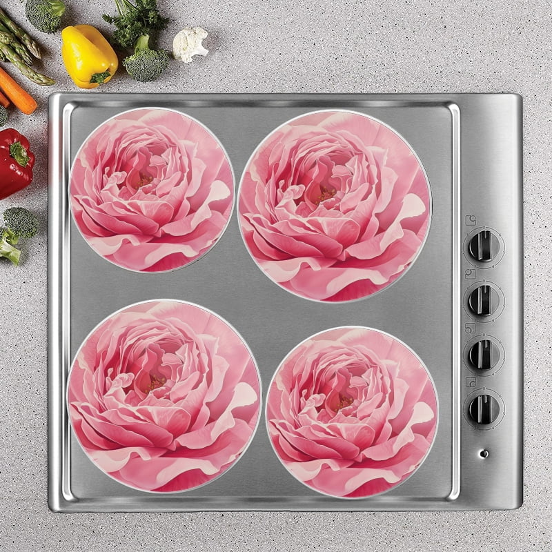 Bahomeck Gas Stove Burner Cover Set Of 4,Pink Rose On Pink Background Metal Electric Stove Burner Covers,Protecting Gas Stoves,Kitchen Decor，8 Inch And 10 Inch