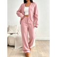 thumbnail image 5 of DENTOYOU Lounge Sets for Women 2 Piece Outfits V Neck Button Long Sleeve Shirt Wide Leg Pants Matching Set Sweatsuits Pink XL, 5 of 6