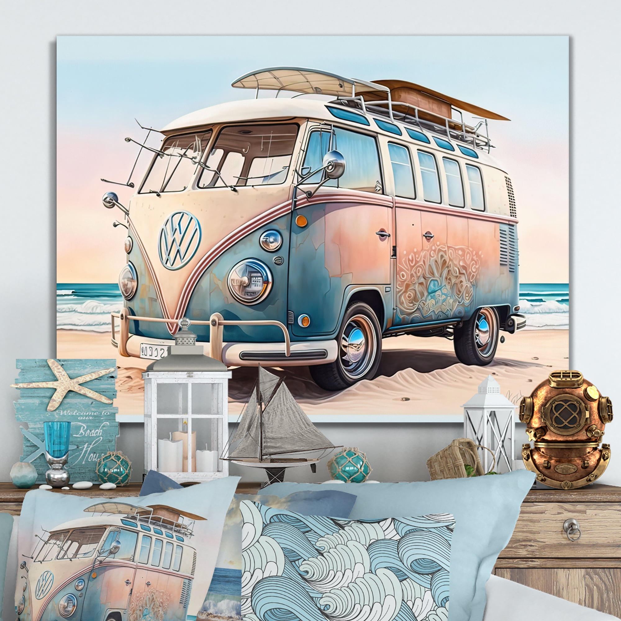 Designart 70S Surfing Van At The Beach II Canvas Wall Art
