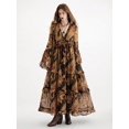 thumbnail image 5 of Multicolor Bohemian Chiffon Flowy Dress With Frill Trim, Loose Fit Deep V-Neck Long Sleeve, 5 of 8