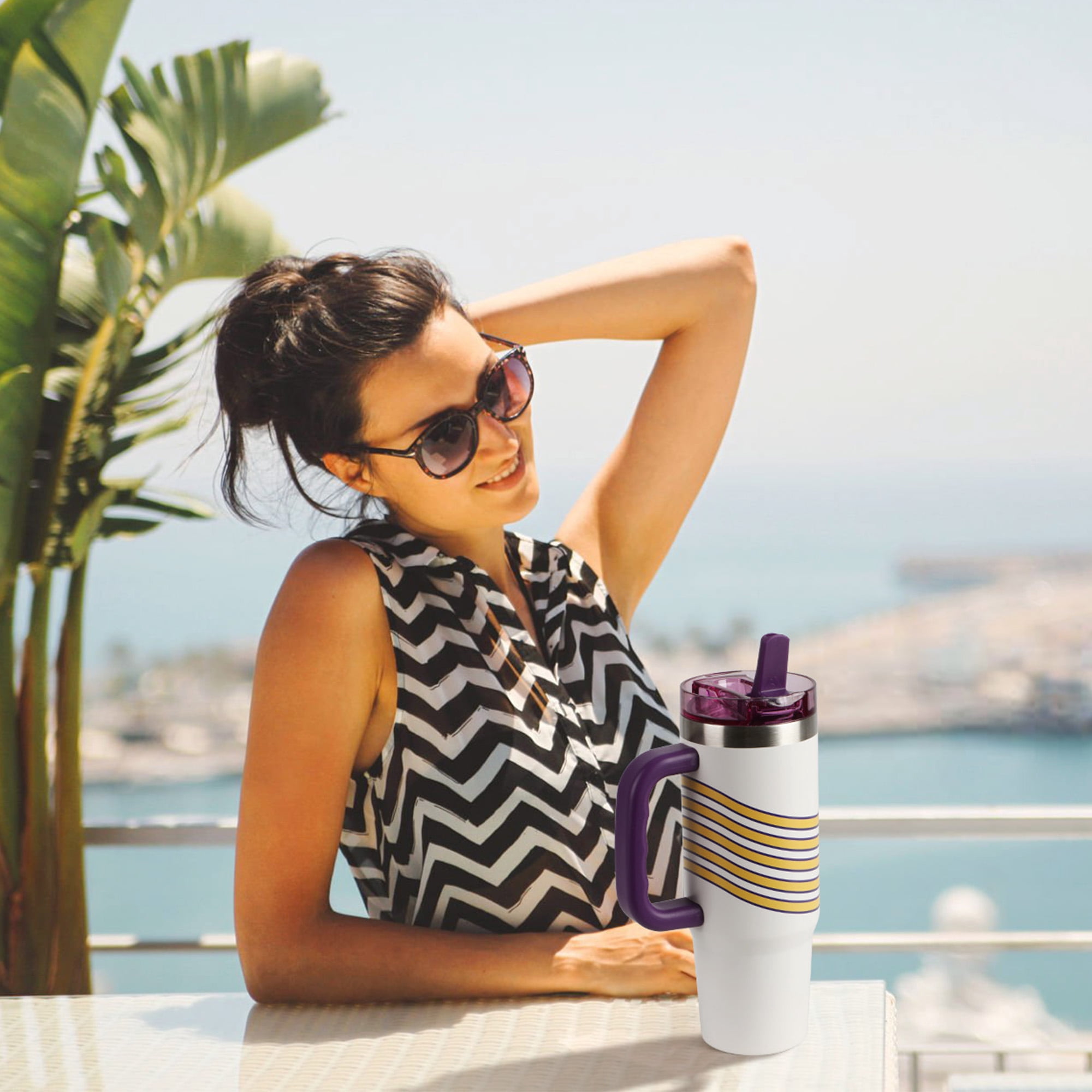 Ozark Trail 30 oz Stainless Steel Insulated Tumbler with Handle, White with Purple and Yellow Varsity Stripes