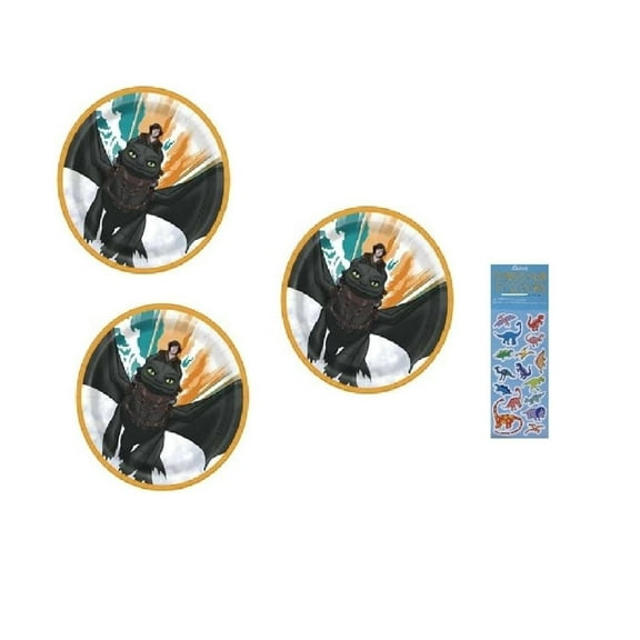 How to Train Your Dragon Birthday Party Supplies Bundle includes 24 Dessert Cake Paper Plates 7" and 1 Dinosaur Sticker Sheet