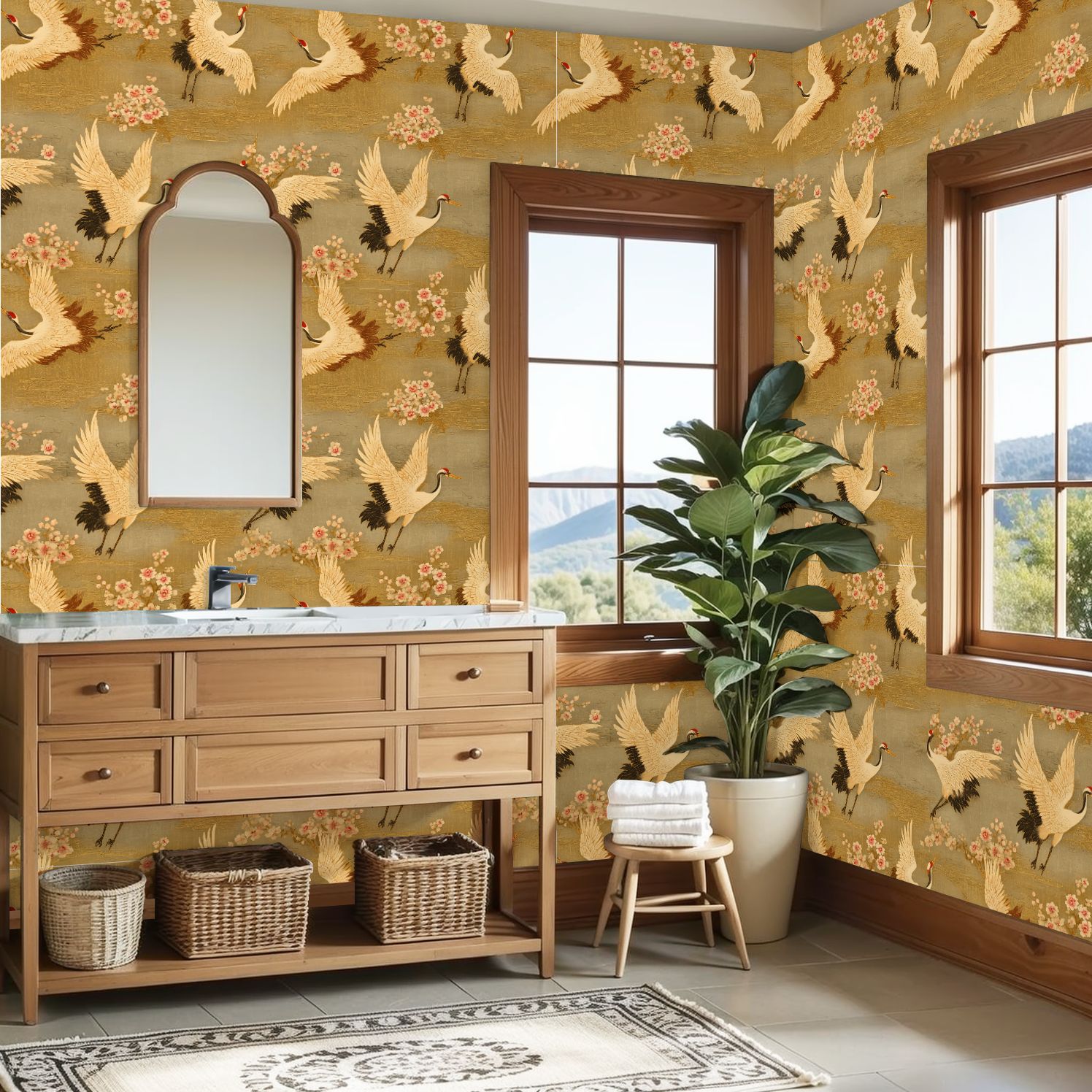 Cranes Peel and Stick Wallpaper 23.6in x 9.8ft Elegant Crane Birds Among Cherry Blossoms Golden Contact Paper Vinyl Waterproof Self Adhesive Wall Paper for Bedroom Shelf Cabinet Renter Friendly