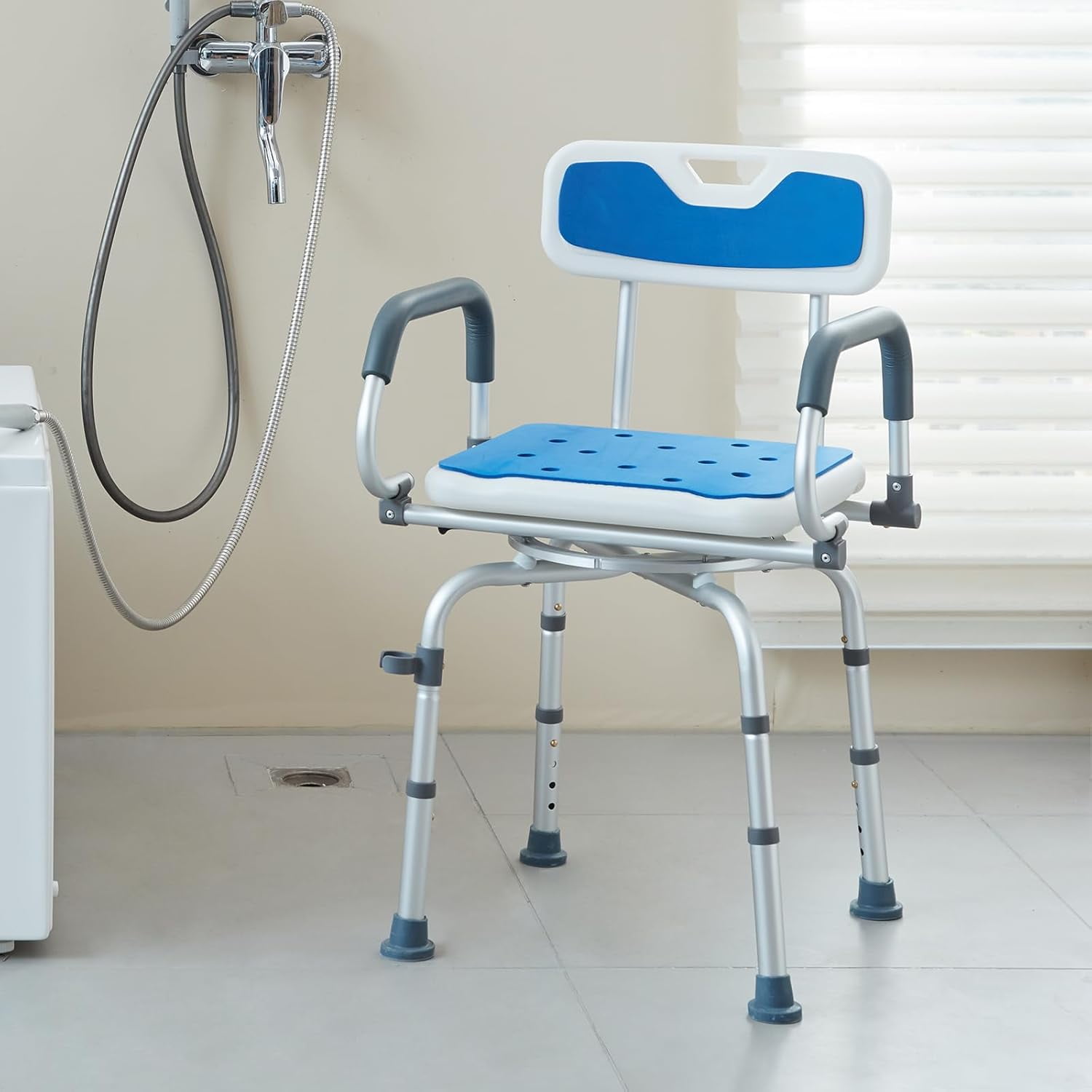 Swivel Shower Chair with Backrest, 360 Rotating Bath Seat for Elderly Disabled, Adjustable Height & Pivoting Arms, 400LBS Capacity
