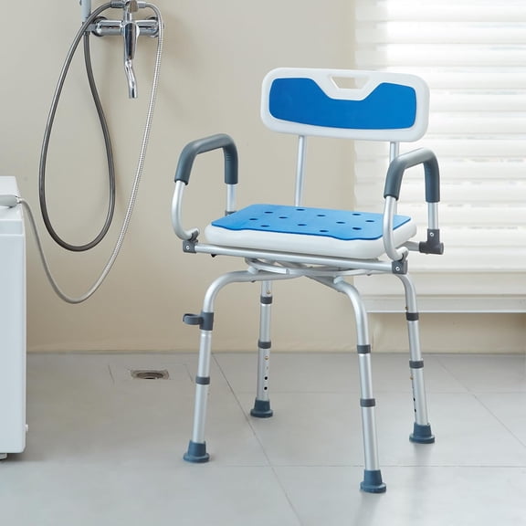 Swivel Shower Chair with Backrest, 360 Rotating Bath Seat for Elderly Disabled, Adjustable Height & Pivoting Arms, 400LBS Capacity