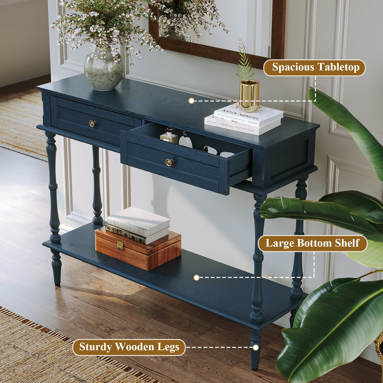 CBJCBJ40"Vintage Minimal Assembly Console Table with 2 Storage Drawers,Suitable for Living Room,Blue