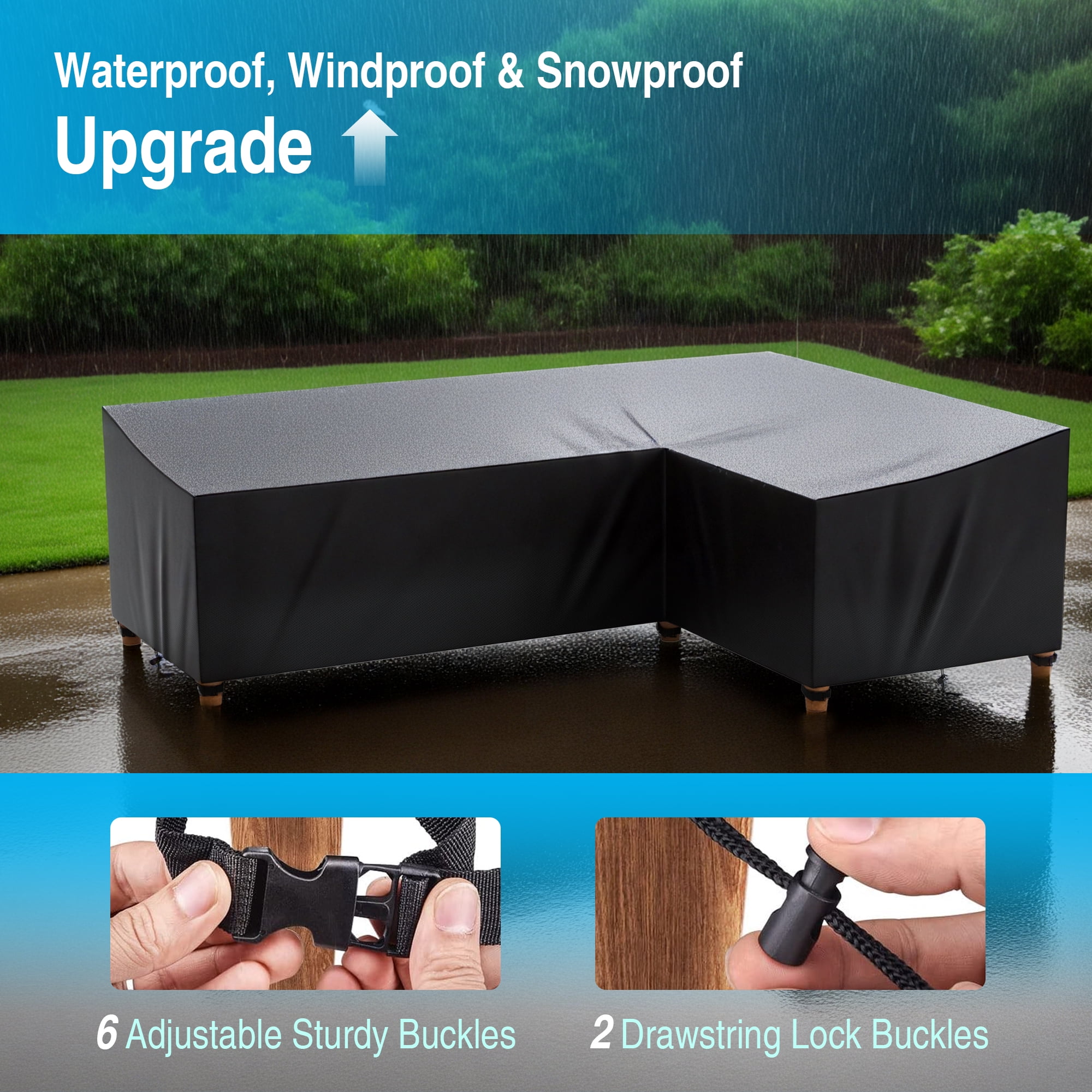 COSYUMI Patio L-Shaped Sectional Sofa Cover, Heavy Duty Durable Oxford Outdoor Sectional Couch Cover with 6 Windproof Buckles, Patio Waterproof L-shaped Furniture Cover, Outdoor Furniture Cover